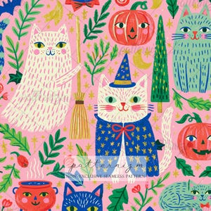 May include: A seamless pattern on a pink background featuring white cats, blue cats, orange jack-o'-lanterns, green trees, and a broomstick. One white cat wears a blue star-patterned wizard hat and cape. The text patternizm non-exclusive seamless pattern is visible.