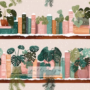 Puede incluir: Patrón sin costuras con estanterías con plantas en macetas y libros en tonos verdes, rosas y naranjas. Los copos de nieve y las ramitas de hoja perenne añaden un toque invernal. El texto "patternizm" y "NON-EXCLUSIVE SEAMLESS PATTERN" son visibles.