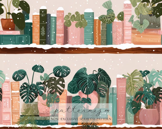 Winter Floral Bookshelf Seamless Pattern – Snowy Book and Plant Illustration, Cozy Digital Paper for Bookish Decor, Fabric, Digital Download