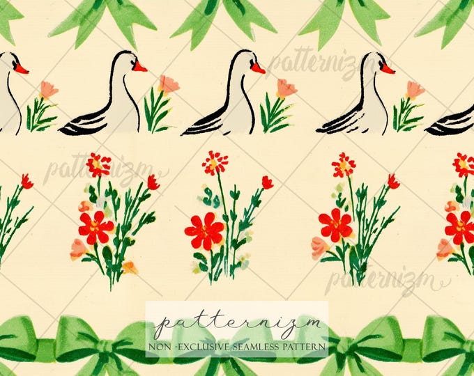 Seamless Retro Goose Pattern Digital Download – Whimsical Green Bow & Tulip Design, Vintage Farmhouse Fabric for Kids and Nursery