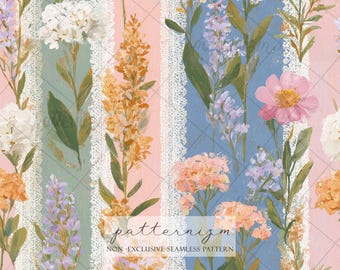 Vintage Floral Stripe Seamless Pattern Digital Paper – Lace Garden Patchwork Repeat Design