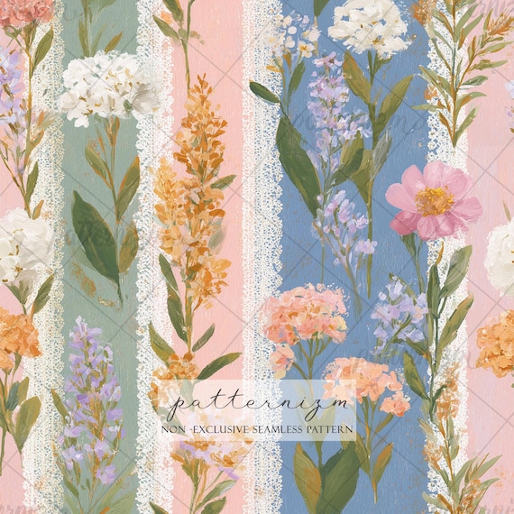 Vintage Floral Stripe Seamless Pattern Digital Paper – Lace Garden Patchwork Repeat Design
