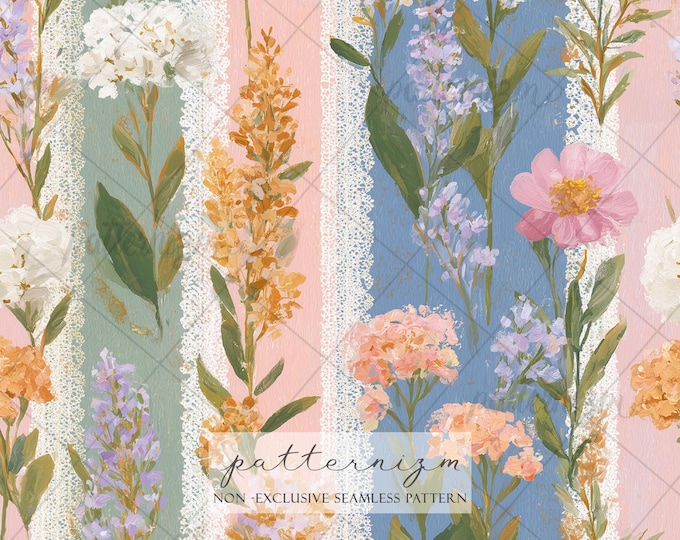 Vintage Floral Stripe Seamless Pattern Digital Paper – Lace Garden Patchwork Repeat Design