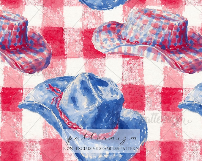 Seamless Cowboy Hat Pattern Digital Download – 4th of July Western Gingham Design, Patriotic Cowgirl Print, USA Fabric