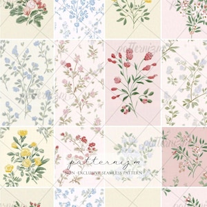 Seamless Botanical Patchwork Pattern Digital Download – Vintage Floral Quilt Design, Cottagecore Garden Blocks, Shabby Chic Fabric