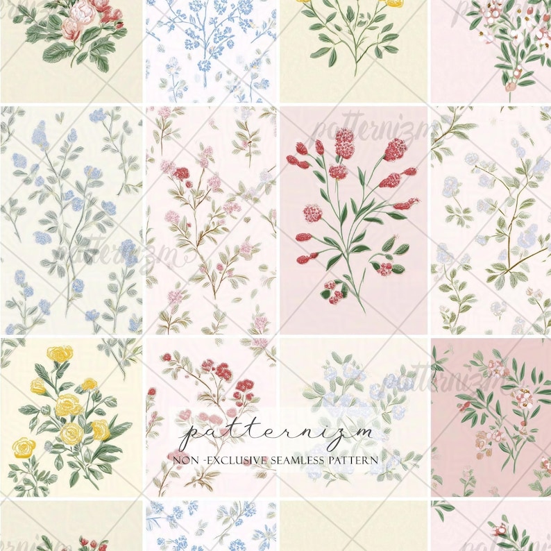 Seamless Botanical Patchwork Pattern Digital Download – Vintage Floral Quilt Design, Cottagecore Garden Blocks, Shabby Chic Fabric bild 1