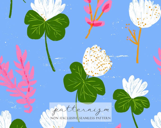 Blue Clover Seamless Pattern Digital Download – Botanical Flowers, Scandinavian Spring Repeat