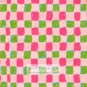 May include: A seamless pattern featuring a grid of hand-painted squares in pink, green, and blue on a light pink background. The squares have a textured, brushstroke appearance, creating a playful and artistic design. The text "patternizm" is visible.