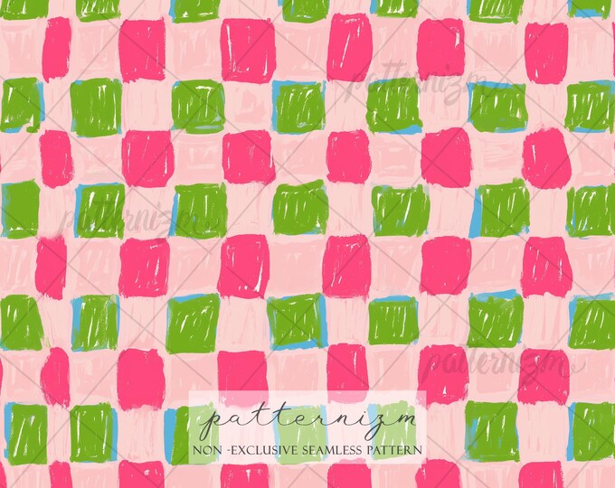 Checkerboard Seamless Pattern – Pink & Green Pastel Gingham, Artistic Modern Design, Whimsical Stationery Digital Download