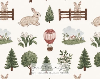 Bunny Countryside Seamless Pattern – Cute Rabbit and Nature Repeat Design with Trees, Flowers and Balloon for Fabric, Easter Nursery Decor