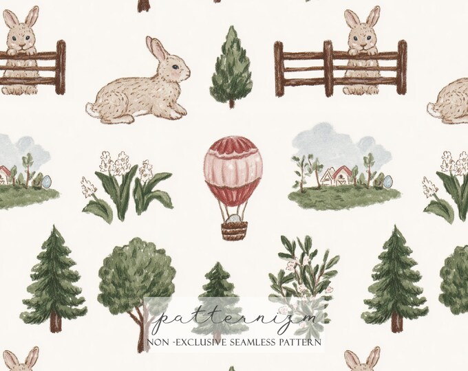 Bunny Countryside Seamless Pattern – Cute Rabbit and Nature Repeat Design with Trees, Flowers and Balloon for Fabric, Easter Nursery Decor