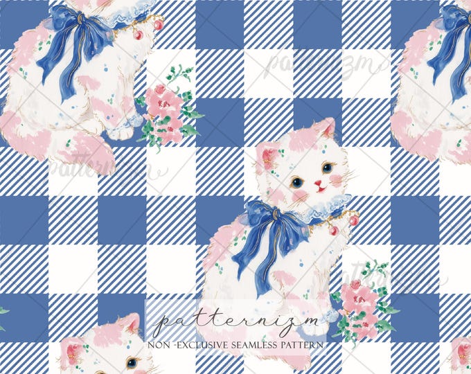 Seamless Cute Cat Pattern Digital Download – Vintage Kitten with Bow on Gingham, Nursery Kids Fabric, Sweet Cottagecore