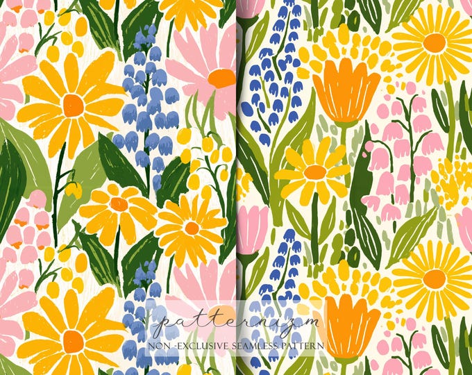 2 Floral Seamless Pattern Set – Painted Daisies & Wildflowers in Bold Spring Colors, Modern Retro Fabric, Digital Download, Trending Now
