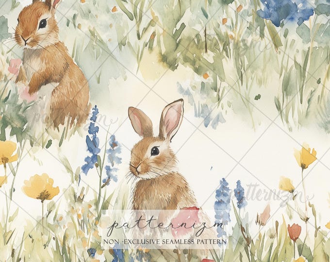 Seamless Watercolor Bunny Meadow Pattern Digital Download – Easter Rabbit in Wildflower Garden, Cottagecore Spring Fabric Print