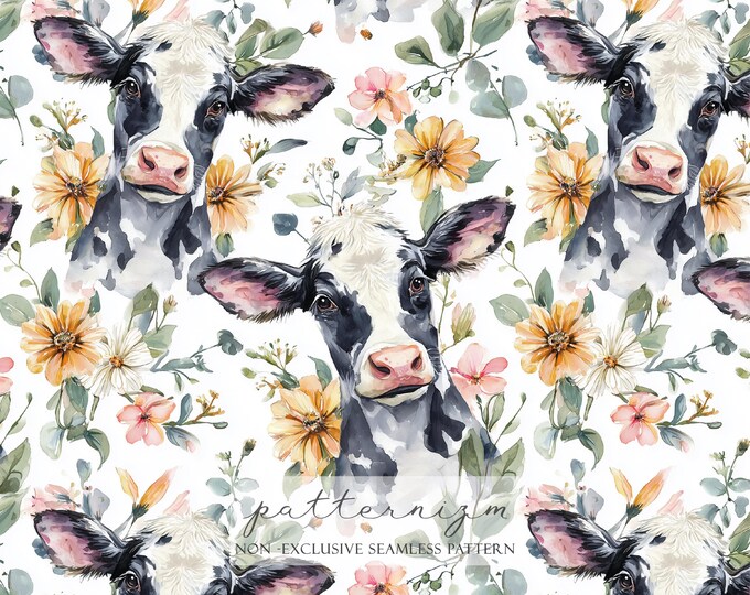 Watercolor Cow and Floral Seamless Pattern – Calf Farm Animal Print with Yellow & Pink Flowers for Nursery, Kids Fabric, Country Decor