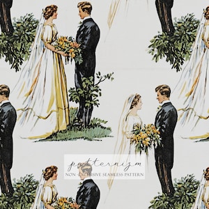 May include: Seamless pattern featuring a vintage illustration of a bride and groom. The bride wears a white gown with a long veil and holds a bouquet. The groom is in a black suit. The text "patternizm" is at the bottom.
