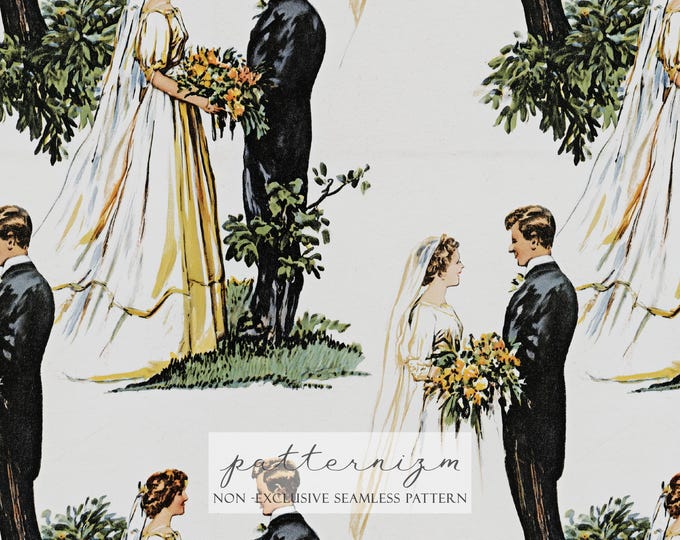 Vintage Wedding Seamless Pattern Digital Paper – Bride and Groom Retro Illustration for Romantic Crafts, Cards & Decor