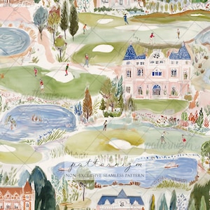 May include: A watercolour illustration depicting a golf course scene with golfers, ponds, and buildings. The artwork uses soft pastel colours, with green fairways, blue water features, and pink and blue buildings. The text "patternizm" and "NON-EXCLUSIVE SEAMLESS PATTERN" are visible.
