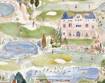 Seamless Golf Course Pattern Digital Download – Whimsical Country Club & Mansion Design, Luxury Estate, Lake Fabric for Sports Enthusiasts
