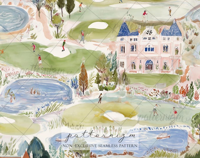 Seamless Golf Course Pattern Digital Download – Whimsical Country Club & Mansion Design, Luxury Estate, Lake Fabric for Sports Enthusiasts