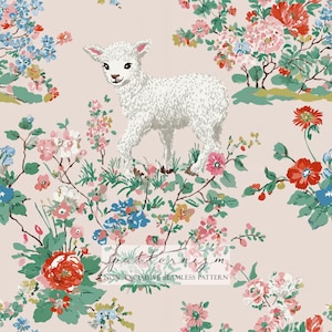 May include: A seamless pattern featuring a white lamb amidst a floral garden. The design includes pink, red, blue, and yellow flowers with green foliage on a light pink background. The text "patternizm" and "NON EXCLUSIVE SEAMLESS PATTERN" is visible.