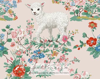 Vintage Lamb Seamless Pattern – Watercolor Baby Sheep with Pastel Floral Meadow, Farm Animal Digital Paper for Fabric & Crafts