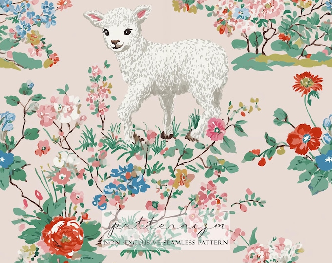 Vintage Lamb Seamless Pattern – Watercolor Baby Sheep with Pastel Floral Meadow, Farm Animal Digital Paper for Fabric & Crafts