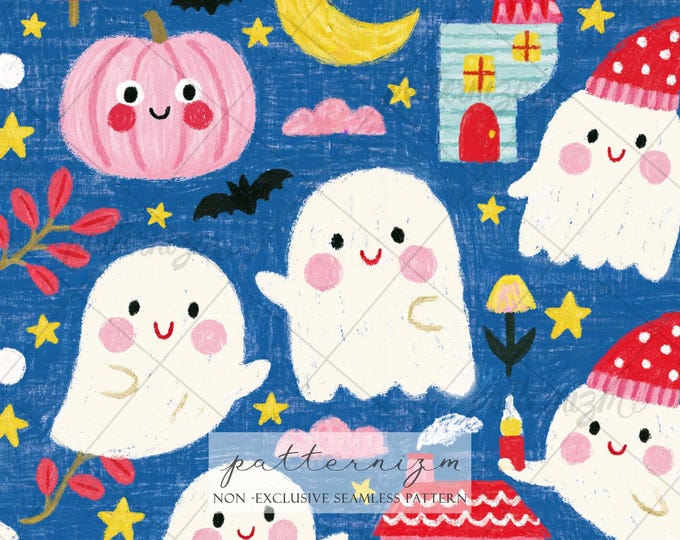 Seamless Cute Halloween Pattern Digital Download – Kawaii Ghost & Pumpkin Design, Whimsical Spooky Night Print, Kids Fabric