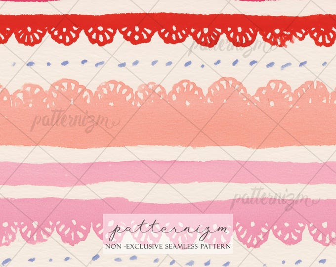 Seamless Lace Stripe Pattern Digital Download – Soft Painted Borders, Feminine Watercolor Fabric