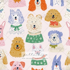 Op de afbeelding: Naadloos patroon met illustraties van honden in verschillende kleuren en stijlen, elk met unieke outfits en accessoires. De achtergrond is lichtroze. De tekst "patternizm" en "NON-EXCLUSIVE SEAMLESS PATTERN" zijn ook zichtbaar.