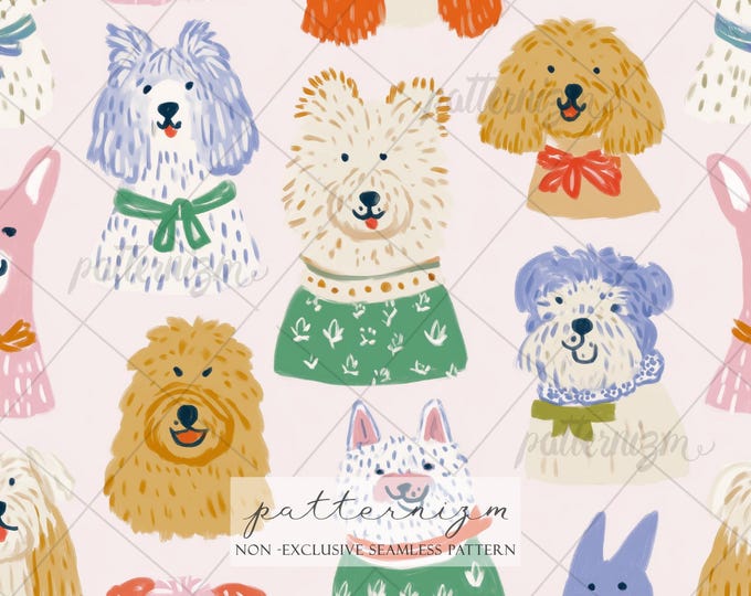 Cute Dog Seamless Pattern Digital Download – Painted Puppy Portrait Print, Whimsical Pet Illustration, Kids Fabric Design