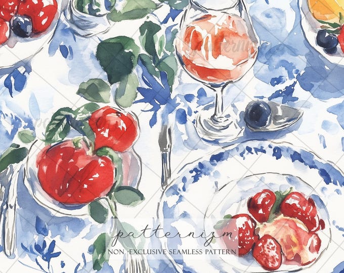 Seamless Strawberry Table Pattern Digital Download – Watercolor Picnic Tableware with Fruit and Plates