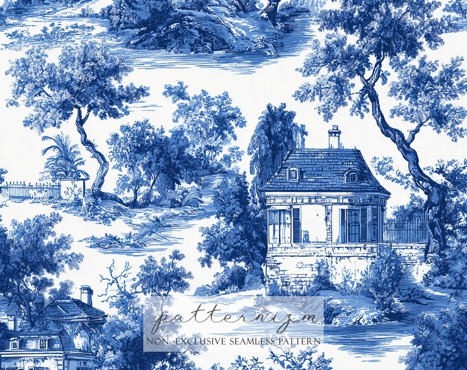 French Toile Seamless Pattern – Blue Countryside Houses & Trees, Classic Elegant Repeat Design