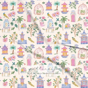 Seamless Chinoiserie Garden Pattern Digital Download – Colorful Asian Pavilion & Floral Design, Exotic Birds, Vintage Oriental Fabric bild 2