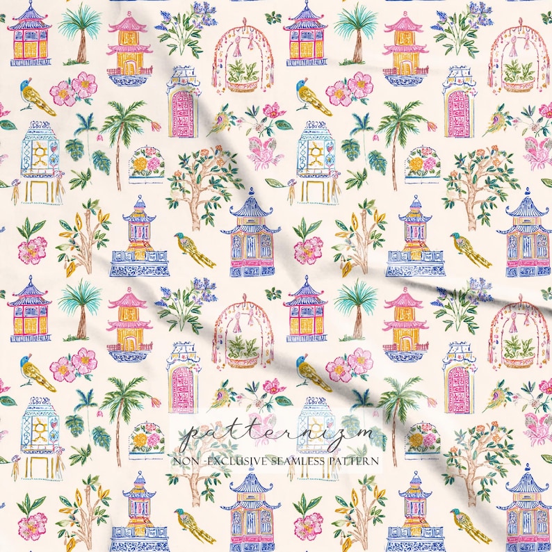 Seamless Chinoiserie Garden Pattern Digital Download – Colorful Asian Pavilion & Floral Design, Exotic Birds, Vintage Oriental Fabric bild 2