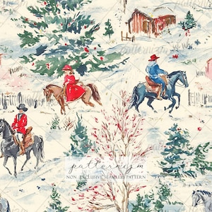 Può includere: Un motivo senza cuciture che raffigura un paesaggio invernale con illustrazioni ad acquerello di persone a cavallo, pini innevati e un fienile rosso. Il testo patternizm NON-EXCLUSIVE SEAMLESS PATTERN è sovrapposto al centro dell'immagine.