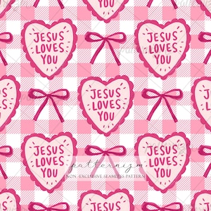 Jesus Loves You Pink Seamless Pattern Digital Paper – Cute Christian Heart Gingham Repeat Design