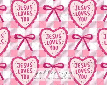 Jesus Loves You Pink Seamless Pattern Digital Paper – Cute Christian Heart Gingham Repeat Design