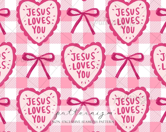 Jesus Loves You Pink Seamless Pattern Digital Paper – Cute Christian Heart Gingham Repeat Design