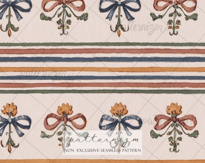 Seamless Vintage Coquette Pattern Digital Download – Floral Ribbon Stripe Design, Romantic Cottagecore Bow Print, Antique Fabric
