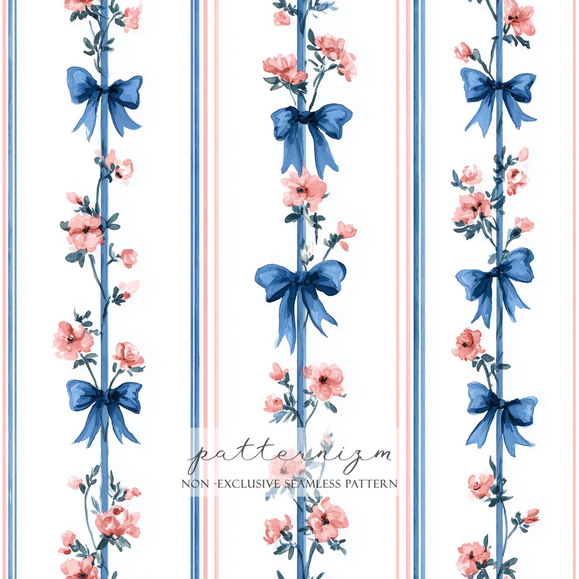 Floral Ribbon Stripe Seamless Pattern – Blue Bow and Pink Flower Repeat ...