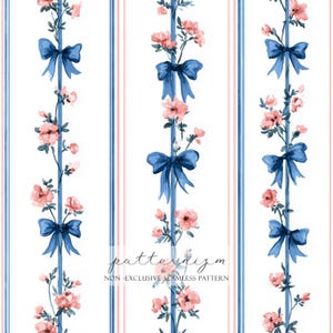 May include: A seamless watercolour pattern with vertical blue and pink stripes. The design features floral vines with pink blossoms and blue bows. The text "patternizm" and "NON - EXCLUSIVE SEAMLESS PATTERN" are visible.
