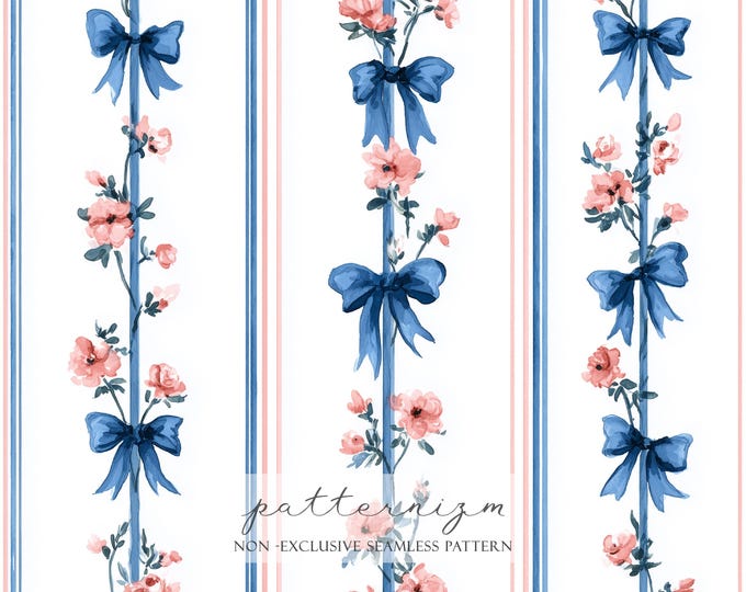 Floral Ribbon Stripe Seamless Pattern – Blue Bow and Pink Flower Repeat Design for Vintage Fabric, Wallpaper and Craft Projects