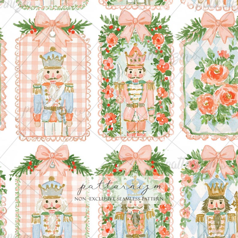 May include: A seamless pattern featuring rectangular gift tags decorated with watercolor illustrations of nutcrackers, pink bows, green pine branches, red berries, and floral motifs on gingham and diamond backgrounds with the text patternizm.