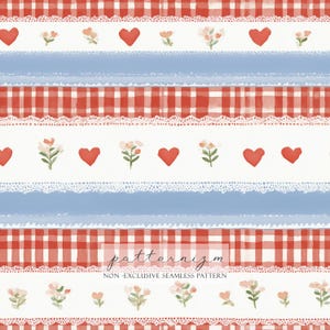 May include: Seamless pattern design featuring alternating rows of red gingham, white lace, blue brushstrokes, red hearts, and floral elements. The design has a watercolor aesthetic and a vintage, country-chic vibe.