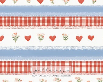 Aquarell Gingham Herz Musterdesign Digitales Papier – Lace Stripe Valentine Rapport Design