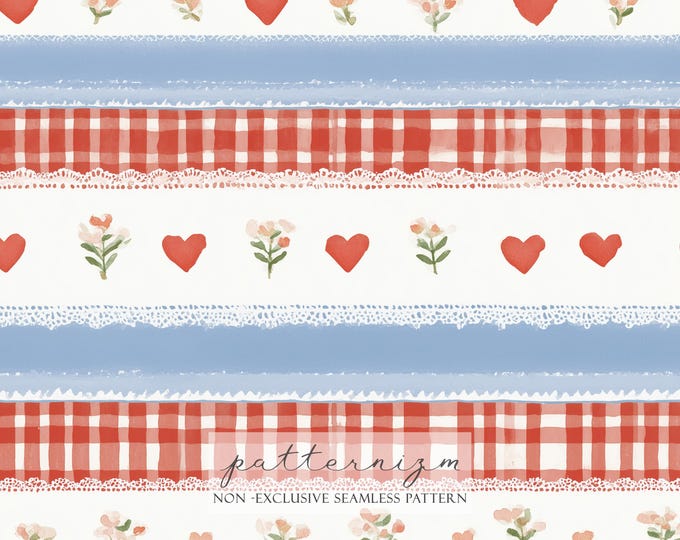 Watercolor Gingham Heart Seamless Pattern Digital Paper – Lace Stripe Valentine Repeat Design