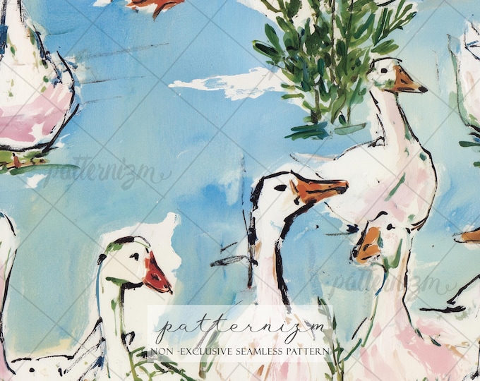 Seamless Goose Pond Pattern Digital Download – Hand Painted Watercolor Duck Repeat, Cottage Farmhouse Fabric Design