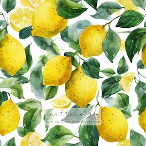 Könnte beinhalten: Aquarell-Illustration von Zitronen und grünen Blättern auf weißem Hintergrund. Das Bild zeigt ganze Zitronen, Zitronenscheiben und belaubte Zweige. Der Text "patternizm" und "NON-EXCLUSIVE SEAMLESS PATTERN" ist sichtbar.