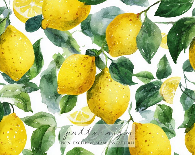 Watercolor Lemon Seamless Pattern – Fresh Yellow Citrus Fruit & Green Leaves Digital Paper for Fabric, Kitchen Decor, Summer Design